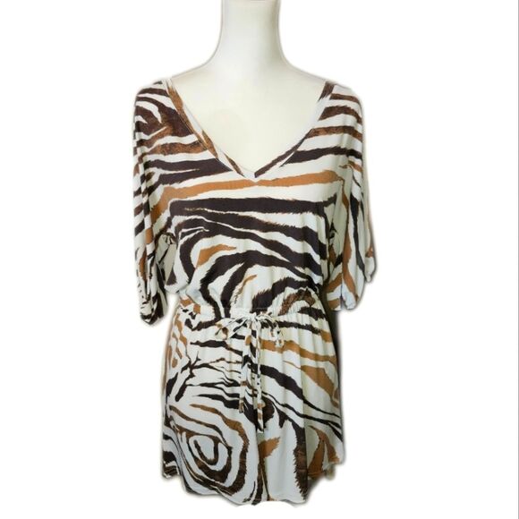 Venus Cream & Brown Zebra Print V-neck Short Sleeved Romper, S - Picture 1 of 10